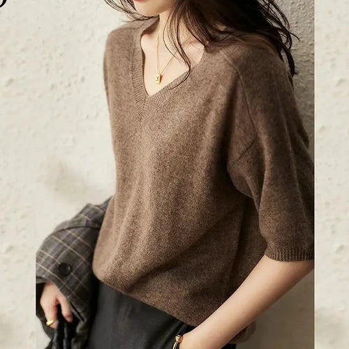 Load image into Gallery viewer, Solid Colour Knitted Women&#39;s Sweater Short-Sleeved Ladies V-Neck Cotton Pullover Korean Bottoming Shirt Sweater Summer
