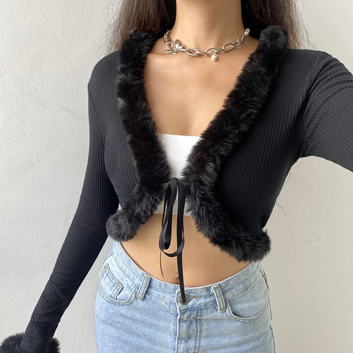 Load image into Gallery viewer, Autumn Winter Faux Fur Trim Long Sleeve T-shirts Front Tie Up Knitted Sexy T shirt Women Cardigan Cropped Top Tee
