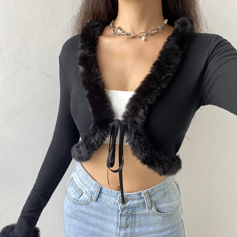 Autumn Winter Faux Fur Trim Long Sleeve T-shirts Front Tie Up Knitted Sexy T shirt Women Cardigan Cropped Top Tee