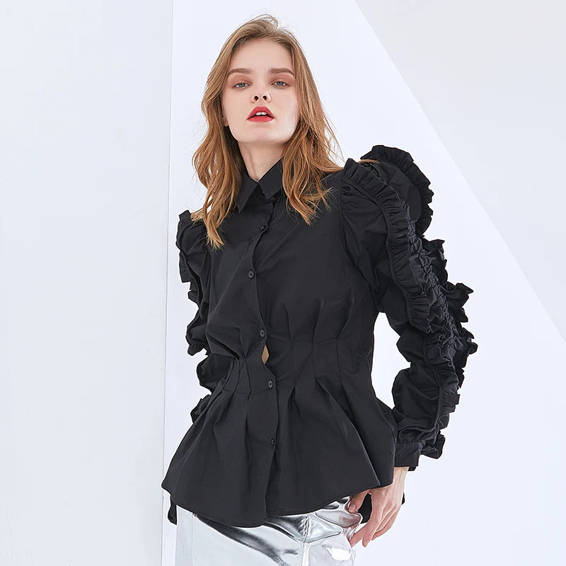 Elegant Solid Shirt For Women Lapel Ruffle Sleeve Tunic Minimalist Blouse Female Fashion Clothing Spring