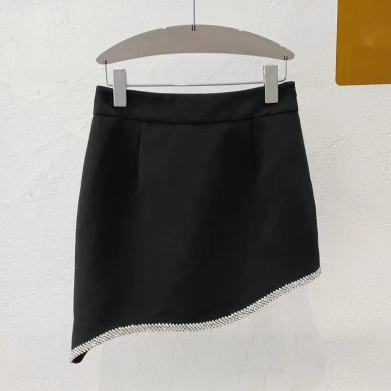 Black Patchwork Diamond Skirt For Women High Waist Irregular Hem Elegant Skirts Female Summer Fashion Clothing