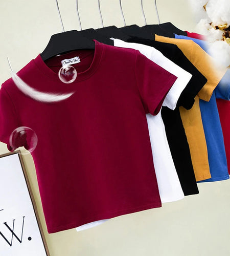 Green Crop Top T-Shirt Female Solid Cotton O-Neck Short Sleeve T-shirts for Women High Waist Slim Short Sport Femme T-Shirt