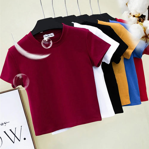 Load image into Gallery viewer, Green Crop Top T-Shirt Female Solid Cotton O-Neck Short Sleeve T-shirts for Women High Waist Slim Short Sport Femme T-Shirt
