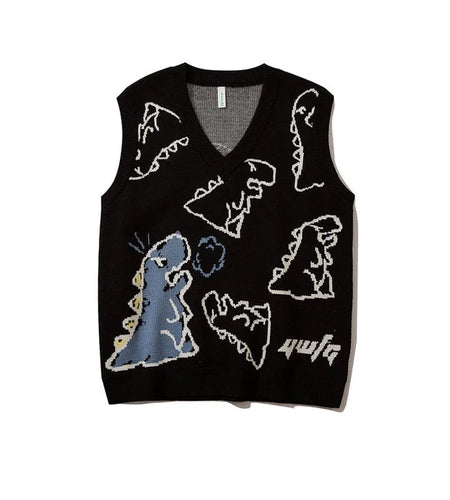 Knitted Sweater Vest Women Men Vintage Dinosaur Jacquard Waistcoat Female 2025 Loose Y2k All-match Pullover Vests