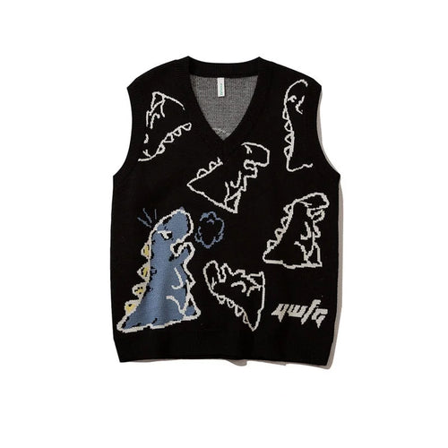 Load image into Gallery viewer, Knitted Sweater Vest Women Men Vintage Dinosaur Jacquard Waistcoat Female 2025 Loose Y2k All-match Pullover Vests
