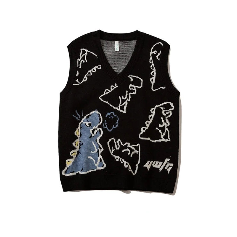 Knitted Sweater Vest Women Men Vintage Dinosaur Jacquard Waistcoat Female 2025 Loose Y2k All-match Pullover Vests