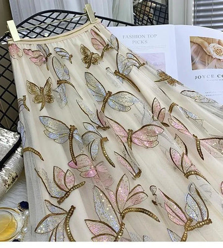 Sequin Mesh Embroidery Dragonfly Long Skirt Women's Spring And Summer Slim High Waist Pleated Sweet  Midi Tulle Skirts Female