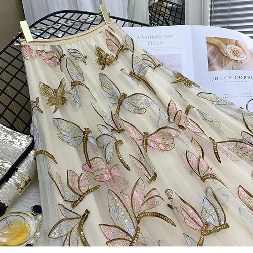 Load image into Gallery viewer, Sequin Mesh Embroidery Dragonfly Long Skirt Women's Spring And Summer Slim High Waist Pleated Sweet  Midi Tulle Skirts Female
