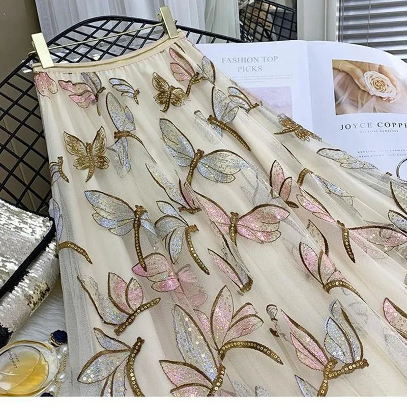 Sequin Mesh Embroidery Dragonfly Long Skirt Women's Spring And Summer Slim High Waist Pleated Sweet  Midi Tulle Skirts Female