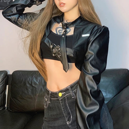 Load image into Gallery viewer, Streetwear Punk Style Buckles Black PU Leather Jacket Women Spring Autumn Smock Cropped Coat Cardigan Fashion Outfits
