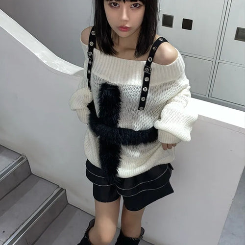 Load image into Gallery viewer, Harajuku Gothic Knitted Sweaters Punk Girls Cross Off Shoulder Loose Sweater Outwear Autumn Winter Streetwear Emo Grunge
