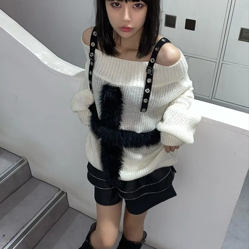 Harajuku Gothic Knitted Sweaters Punk Girls Cross Off Shoulder Loose Sweater Outwear Autumn Winter Streetwear Emo Grunge