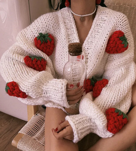 Women's Winter Sweater Coat Thick Knitwear Strawberry Chic Crochet Tops Autumn V-neck Loose Vintage Casual Cardigan For Women