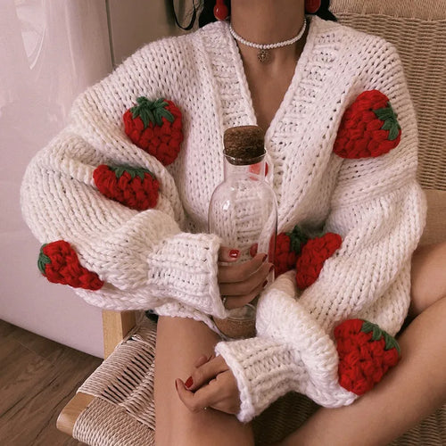 Load image into Gallery viewer, Women&#39;s Winter Sweater Coat Thick Knitwear Strawberry Chic Crochet Tops Autumn V-neck Loose Vintage Casual Cardigan For Women
