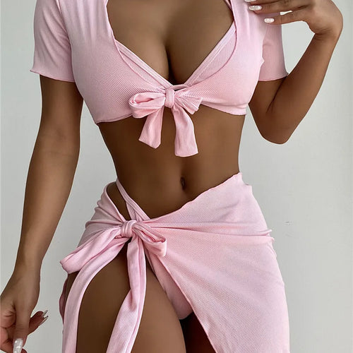 Load image into Gallery viewer, 4 Pieces Bandage Bikinis Set 2024 Skirt Swimwear Women High Waist Short Sleeve Swimsuit Female Summer Tie Biquini
