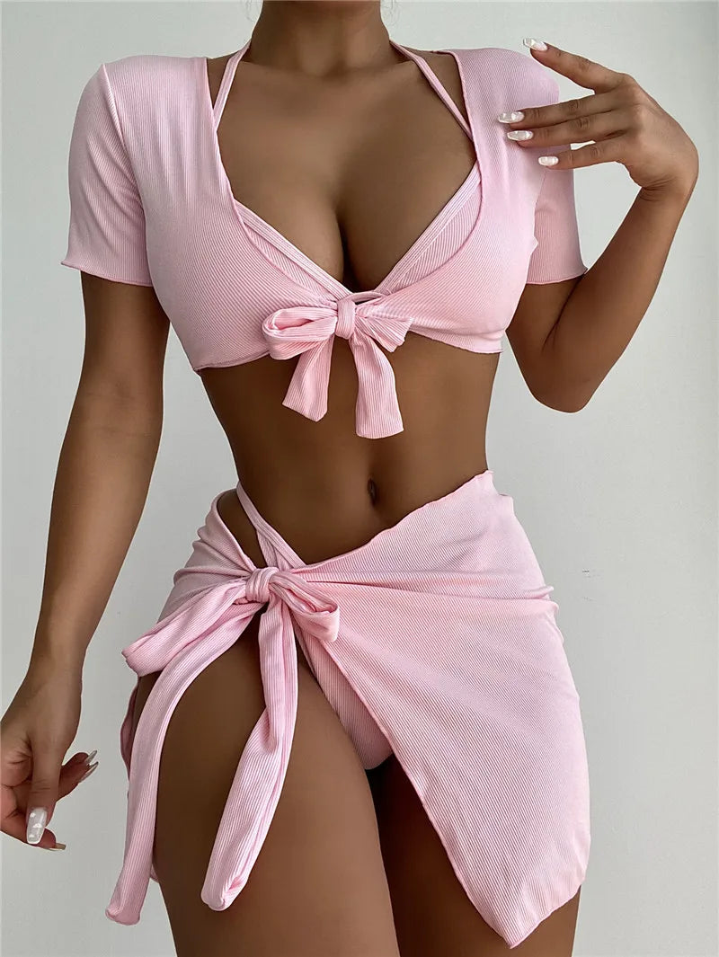 4 Pieces Bandage Bikinis Set 2024 Skirt Swimwear Women High Waist Short Sleeve Swimsuit Female Summer Tie Biquini