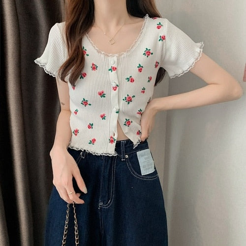 Knitted Cardigan Crop Top Women Summer Floral Lace Patchwork Shirt Single Breasted Cute T Shirts Short Sleeve Tees