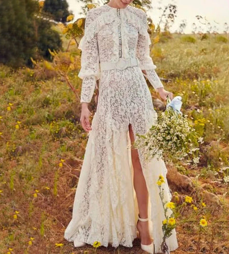 Solid Patchwork Ruffle Trim Maxi Dress For Women Round Neck Long Sleeve High Waist Sashes Lace Elegant Dresses Women Stylish