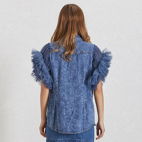 Load image into Gallery viewer, Casual Patchwork Mesh Jacket For Women Lapel Sleeveless Streetwear Denim Jackets Female Fashion Clothing Spring
