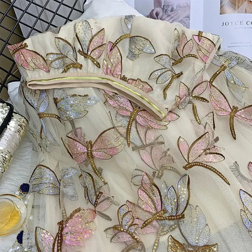 Load image into Gallery viewer, Sequin Mesh Embroidery Dragonfly Long Skirt Women's Spring And Summer Slim High Waist Pleated Sweet  Midi Tulle Skirts Female
