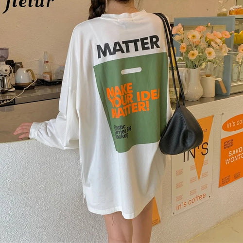 Load image into Gallery viewer, Loose Split Long-sleeved Women T-shirt O-neck White Tops High Street Mid-length Tee Shirt Female Letter Printed Tees M-XL
