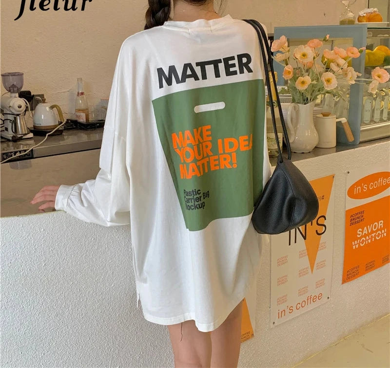 Loose Split Long-sleeved Women T-shirt O-neck White Tops High Street Mid-length Tee Shirt Female Letter Printed Tees M-XL