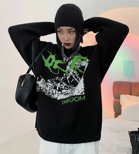 Vintage Letter Harajuku Jacquard Knitted Sweater Women Causal Loose Pullover Female Antumn Winter  Jumpers Top
