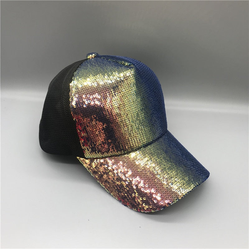 Striking Pretty Adjustable Women Panama Girls Hats For Party Club Gathering rainbow Sequins  Shining Mesh Baseball Cap