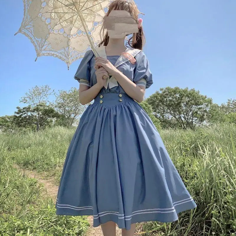Navy Sailor Collar Dress Mori Girl Harajuku Sundress Japan Style Sweet Lolita Style Kawaii Cute Dress Princess Elegant
