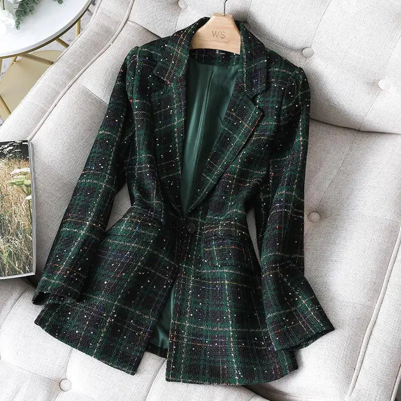 Stylish Jacket Coat Formal Blazers Lady Office Work Suit Manual Sequins Jackets Slim Plaid Outerwear Women Elegant Blazer Female