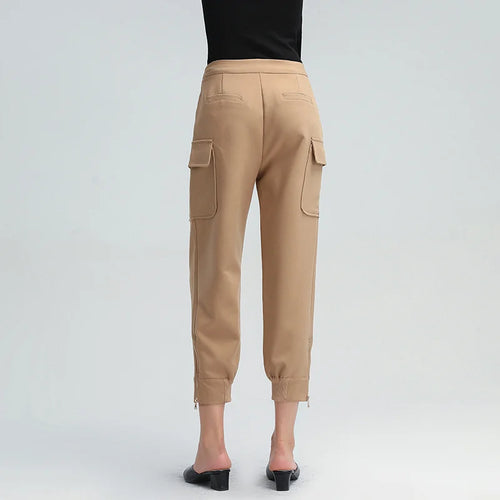 Load image into Gallery viewer, Khaki Cargo Pants For Women High Waist Patchwork Chain Casual Straight Trousers Female Fashion Clothing
