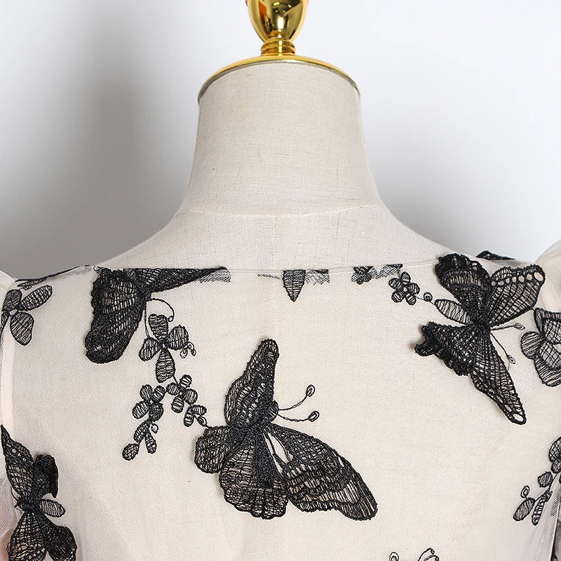 Embroidery Butterfly Mesh Shirt Women O Neck Puff Sleeve Top Perspective Blouse Female Fashion