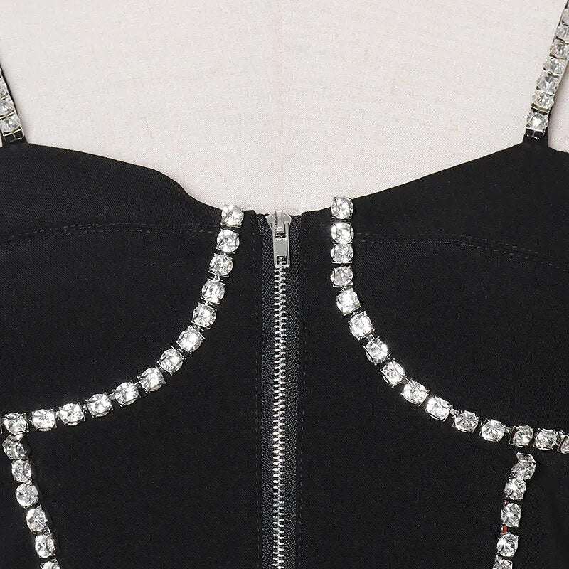 Sexy Patchwork Diamond Vest For Women Square Collar Sleeveless Short Slim Tops Female Fashion Clothing Summer