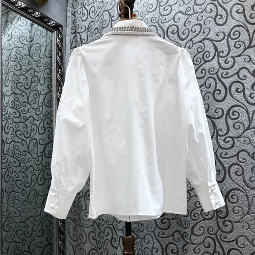 Load image into Gallery viewer, Casual Patchwork Diamond Shirt For Women Lapel Long Sleeve White Elegant Shirts Female Fashion Clothing
