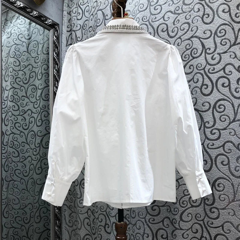 Casual Patchwork Diamond Shirt For Women Lapel Long Sleeve White Elegant Shirts Female Fashion Clothing