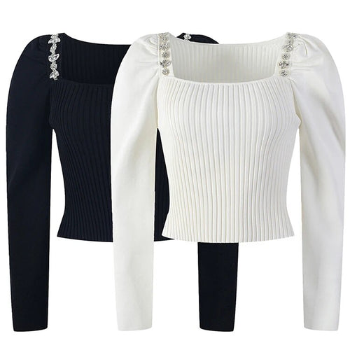 Load image into Gallery viewer, Slim White Sweater For Women Square Collar Long Sleeve Patchwork Diamonds Solid Knitting Pullover Female Clothing
