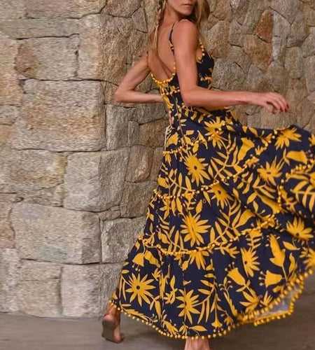 Vintage Print Sling Dress For Women V Neck Sleeveless High Waist Hit Color Maxi Dresses Female Summer Fashion Clothing 2021