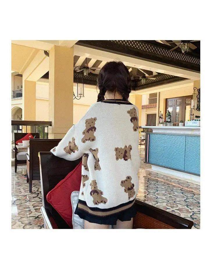Autumn Women Clothing Knitted Sweater Bear Cardigan Cute Tops Korean Japanese Fashion Crochet Top Harajuku Kardigany