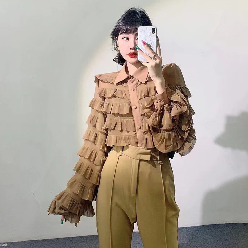 Casual Khaki Button Through Blouse Female Lapel Bishop Long Sleeve Loose Patchwork Shirts For Women Spring
