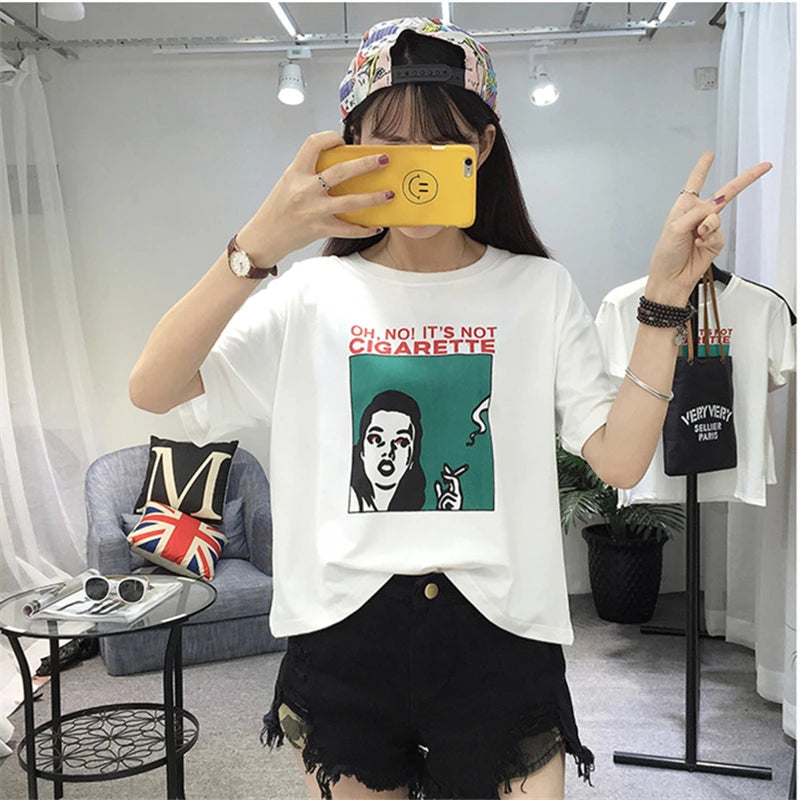 Summer Women's T-shirts New Harajuku Personality Printed Short-sleeved Students Top Loose Slim White T-shirt Female S-XL