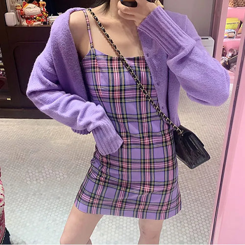 Load image into Gallery viewer, Purple Plaid Print Slip Dress Female Women&#39;s Summer Sundresses Cage Casual Sexy Staple Mini Short Dresses Backless
