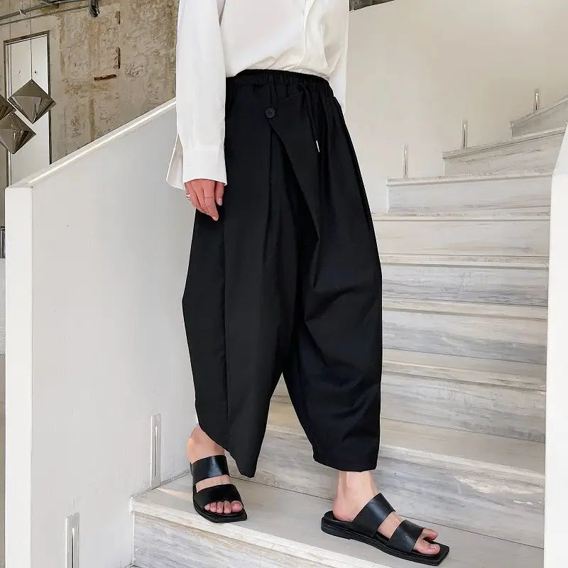 Summer Loose Wide Leg Pants For Men Japan Korean Trend Temperament Fashionable Black Ankle Length Pants 9Y6986