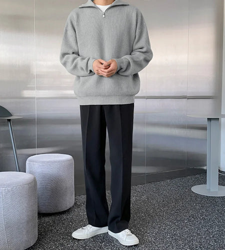 Male Pullover Sweater Autumn Winter Thickened Lapel Zipper Ins Casual Knitted Tops Grey Black Korean Tide Clothing 9D1246