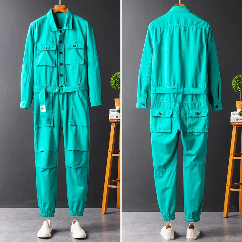 Men's And Women's Workwear Long Sleeve  Jumpsuit Bink Blue Grey Single Breasted Lapel Cloth Autumn Trousers