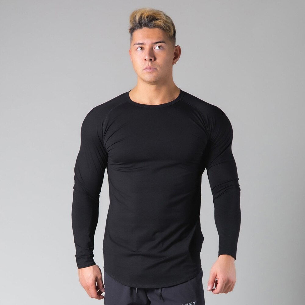 Men Bodybuilding Long sleeve Shirt Casual Cotton Skinny T-Shirt Male Gym Fitness Workout Tees Tops Spring Running Sport Clothing