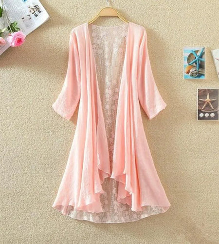 Long Jacket Women 2021summer Coat Sunscreen Linen  Coat Top Lace Stitching Fashion Design Thin Coat Solid Color Popular Tops