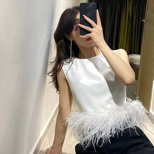 Load image into Gallery viewer, Black Patchwork Feathers Korean Fashion Shirt Top Women Round Neck Sleeveless Slim Tops Female Summer Clothing
