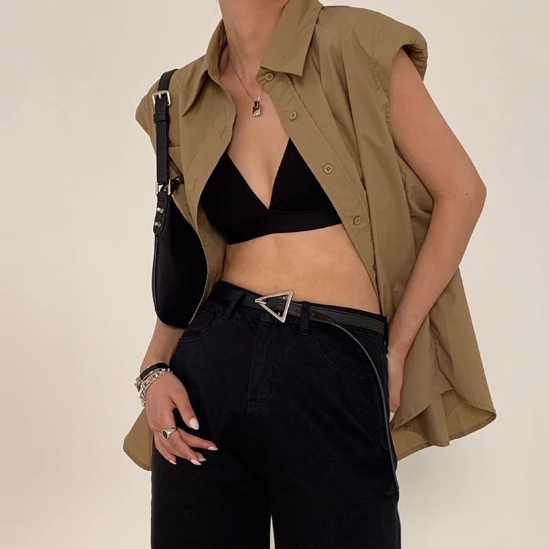 Casual Loose Shirt Female Lapel Collar Sleeveless Ruched Elegant Bloues For Female Fashion Clothes Summer