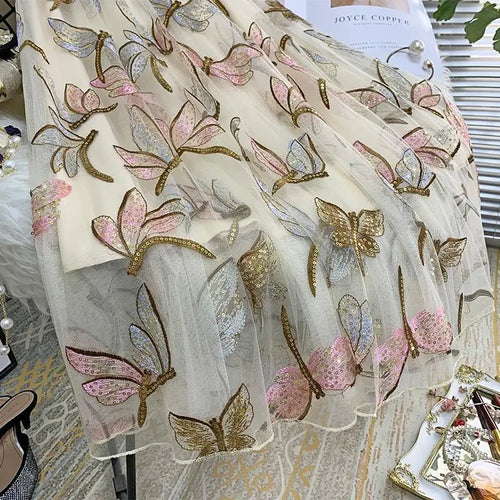 Load image into Gallery viewer, Sequin Mesh Embroidery Dragonfly Long Skirt Women's Spring And Summer Slim High Waist Pleated Sweet  Midi Tulle Skirts Female
