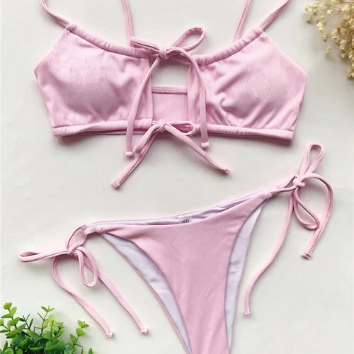 Load image into Gallery viewer, Sexy Pink Bandage Bikini Women Swimwear Cut Out Bandeau Bikini Brazilian Swimsuit Thong Bathing Suit
